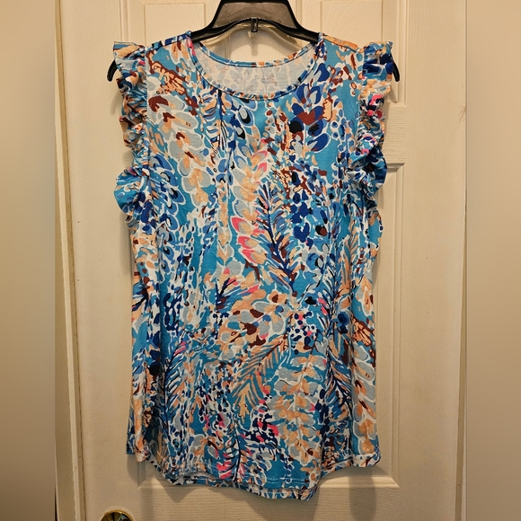 Generic Tops - GUC Women's Abstract Floral Ruffled Sleeveless Top - 2XL
